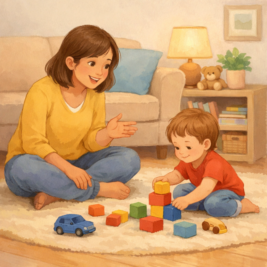 Parent talking about toys while a toddler plays on the floor.