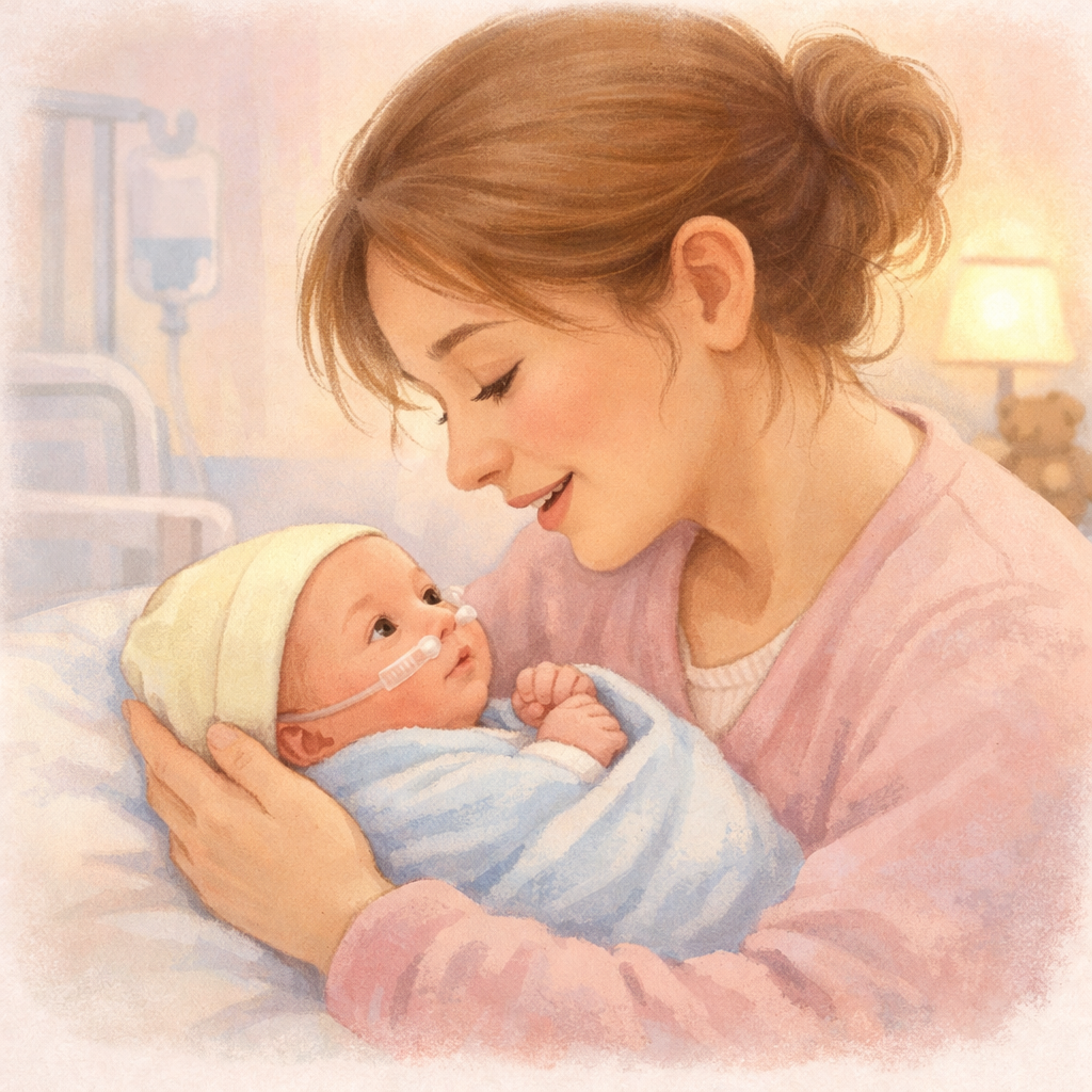 Parent talking softly to a premature baby during a calm moment.