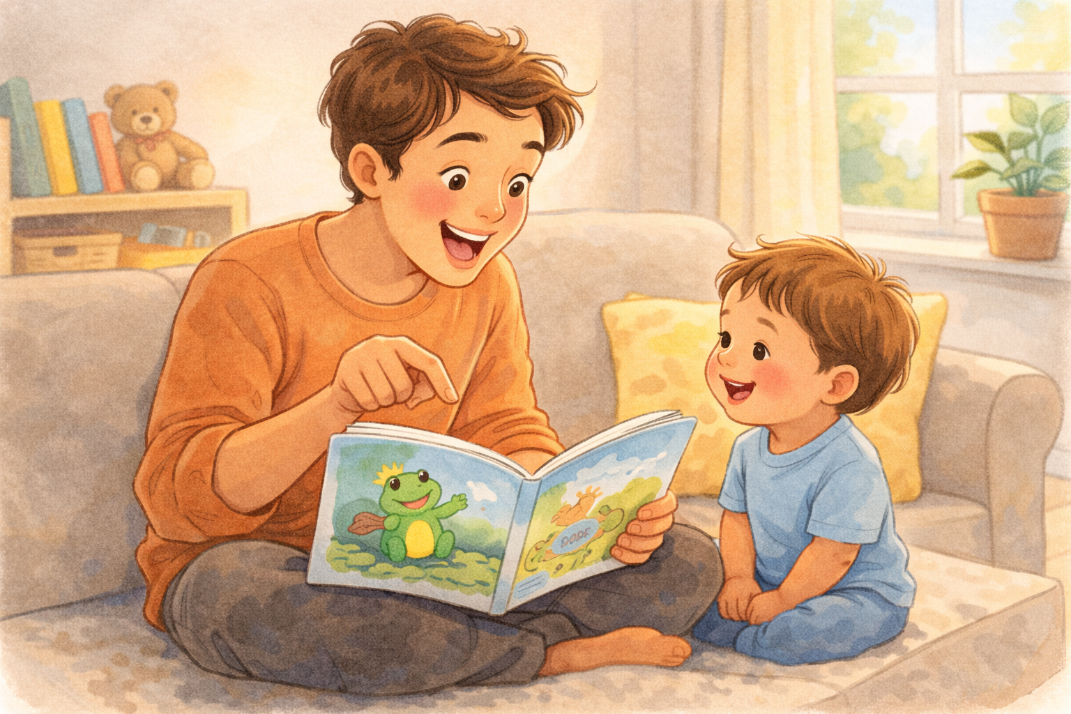 Parent reading expressively from a picture book while toddler listens.