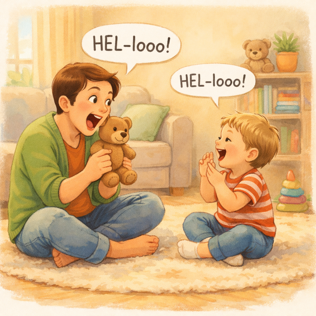 Parent using a funny voice while toddler laughs and copies.