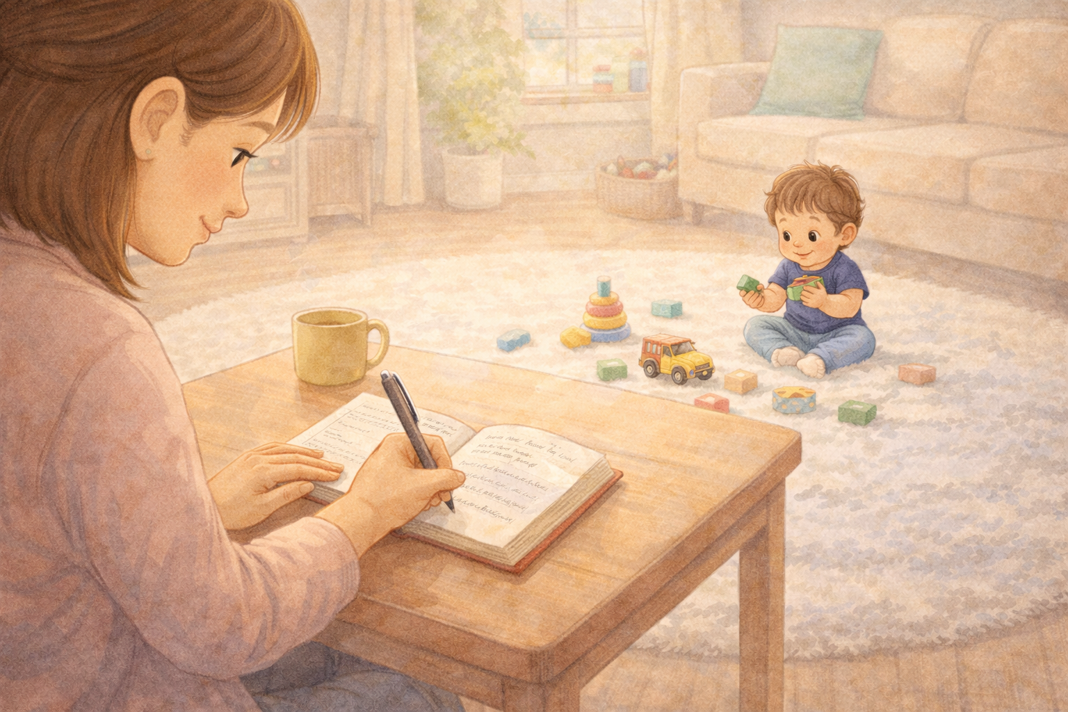 Parent writing notes about toddler development while child plays nearby.