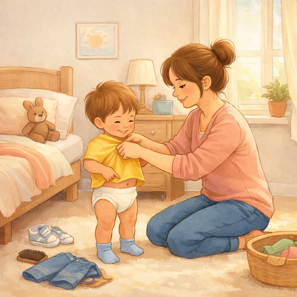 Parent helping toddler get dressed during a calm morning routine.
