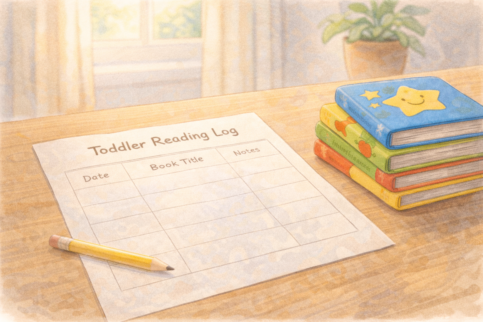 Simple toddler reading log sheet next to children’s books on a table.