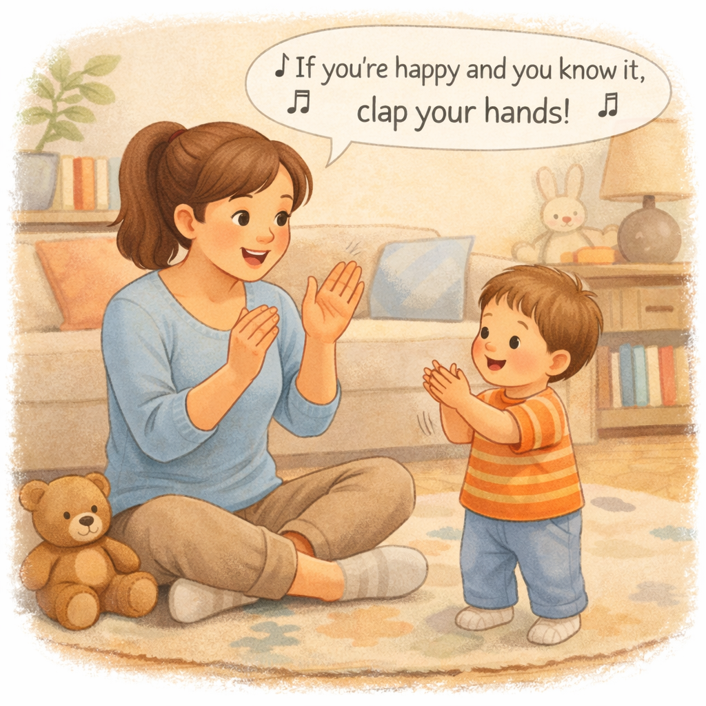 Toddler copying actions during a simple song.