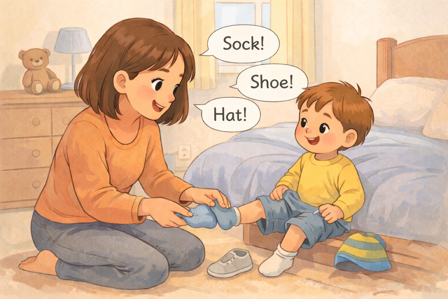 Parent naming clothes while helping a toddler get dressed.