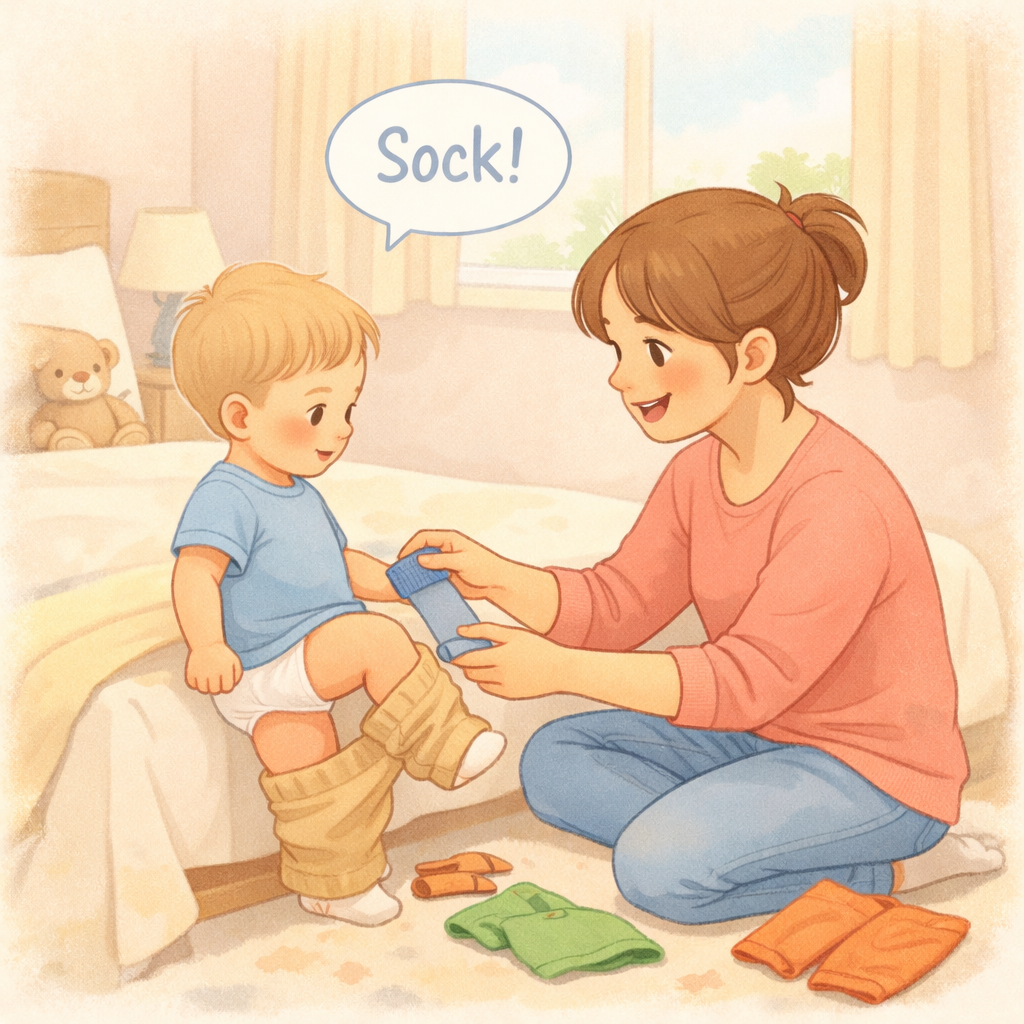 Parent talking to a toddler during a dressing routine.