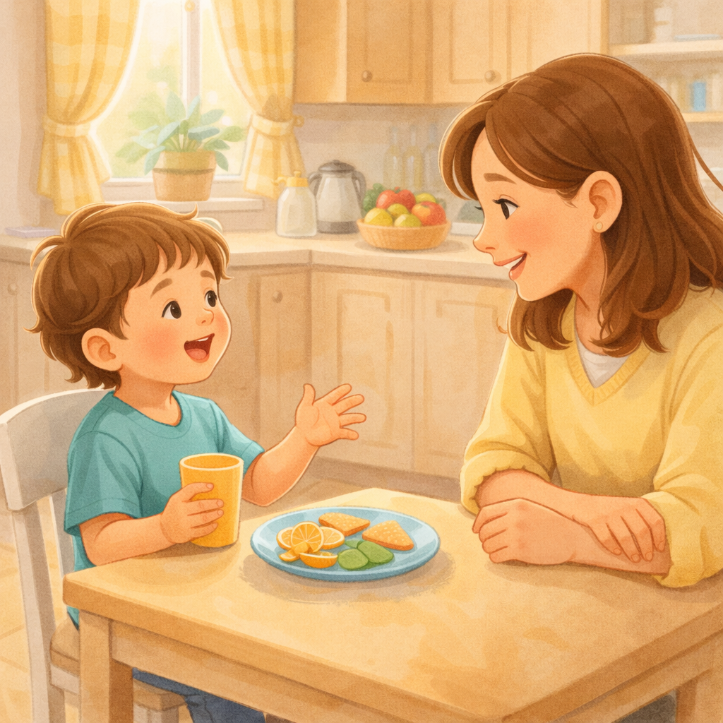 Three-year-old chatting with a parent during snack time.