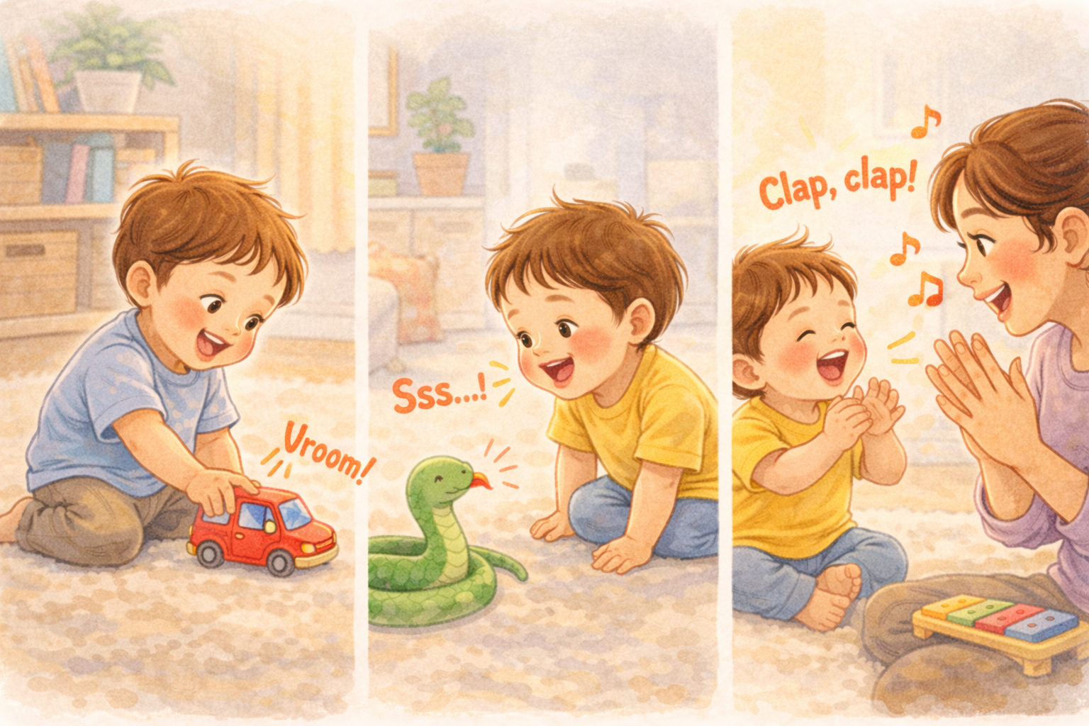 Toddler making car and snake sounds and clapping during playful phonics activities at home.