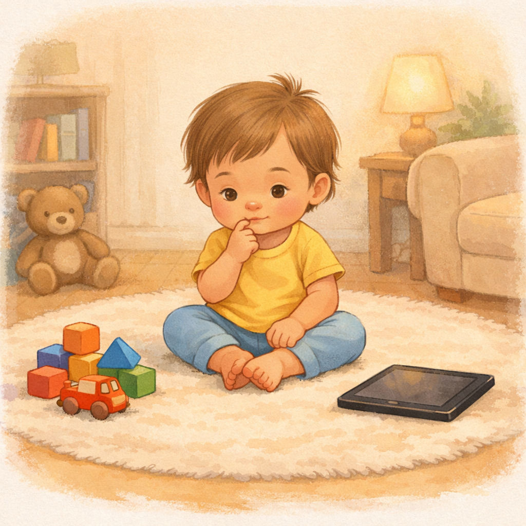 Toddler sitting on the floor with toys and a tablet nearby.