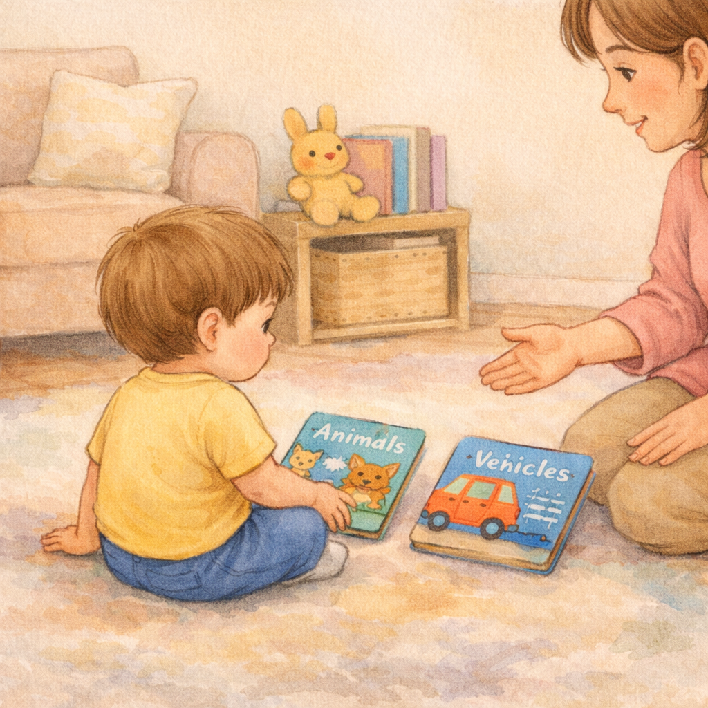 Toddler choosing between two picture books with a parent offering options.
