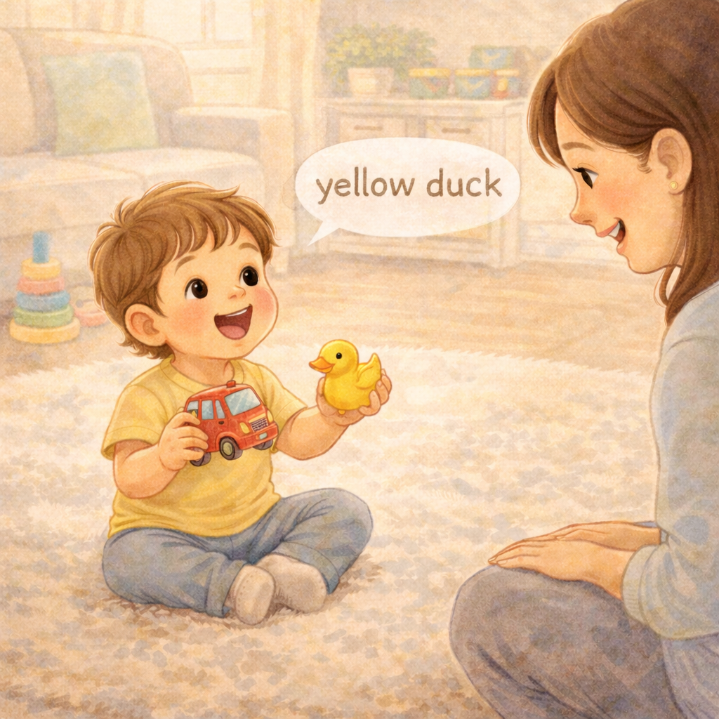 Toddler combining two words while playing on the floor.