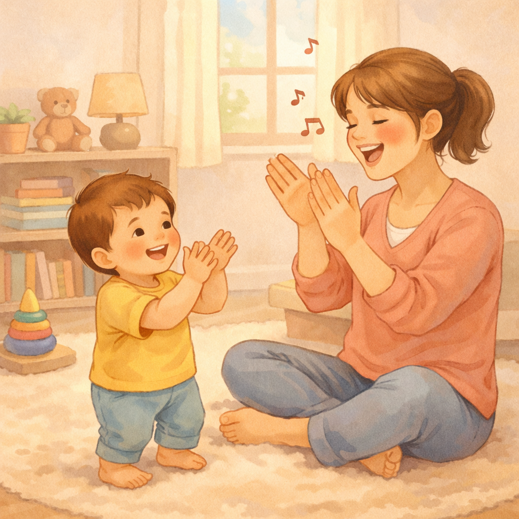 Toddler clapping hands while parent sings a nursery rhyme.