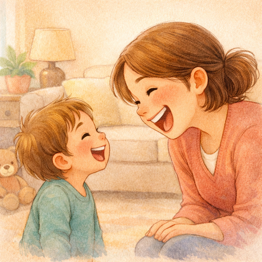 Toddler copying a parent’s happy facial expression.