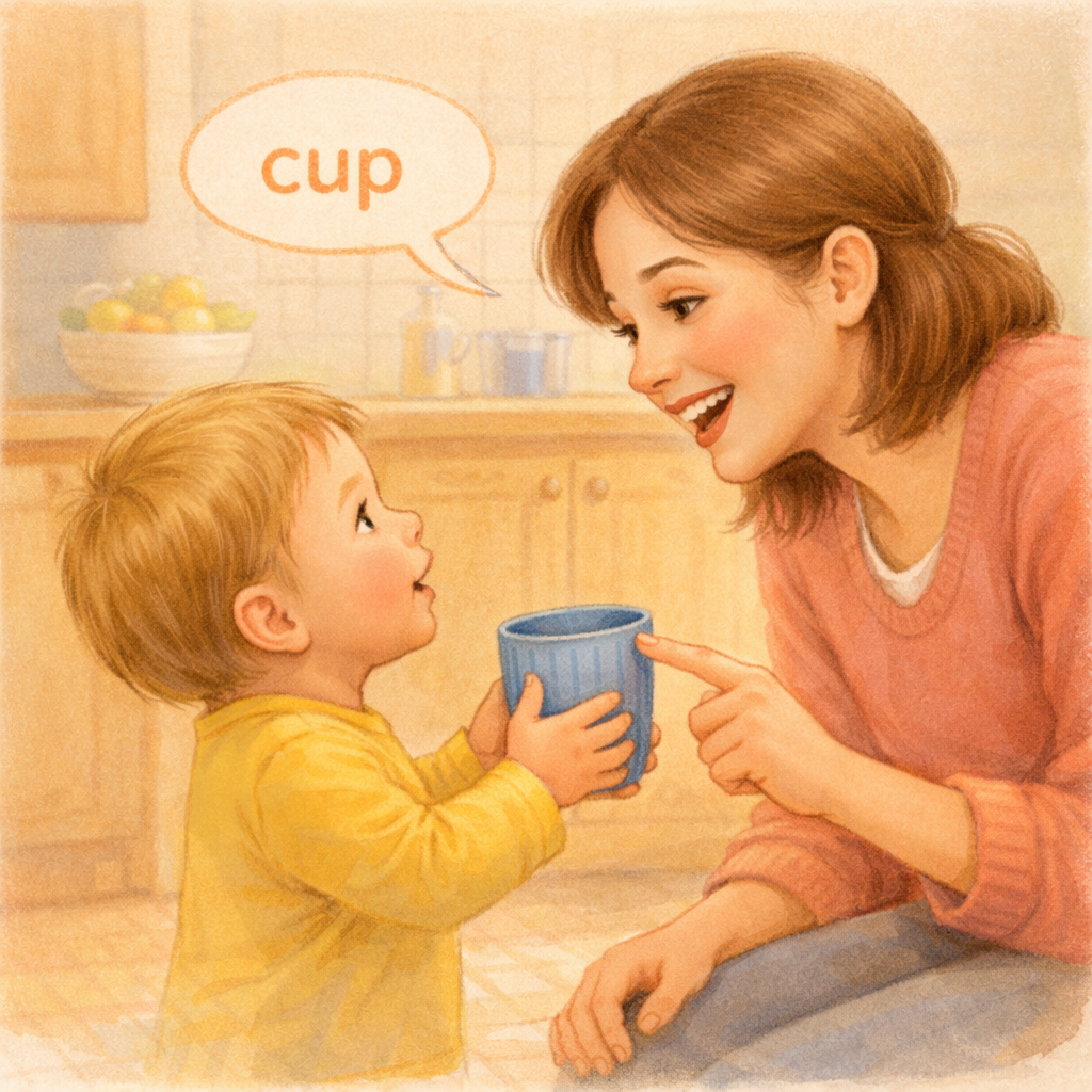 Toddler holding a cup while parent clearly says the word.