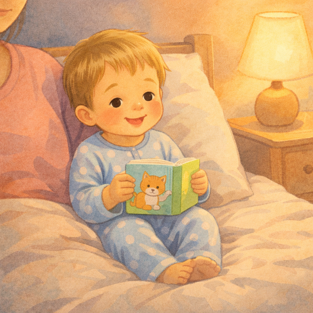Toddler holding a book during a calm bedtime routine.