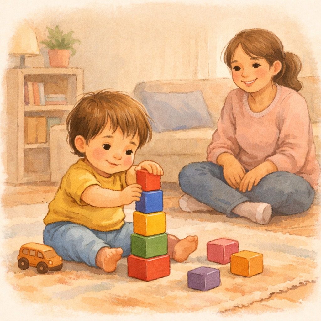 Toddler stacking blocks while a parent smiles nearby.