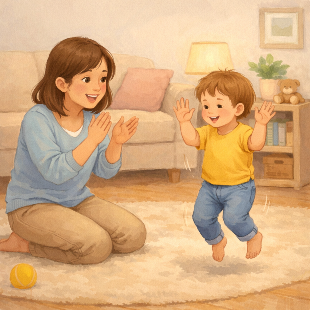 Toddler copying actions while learning simple words.