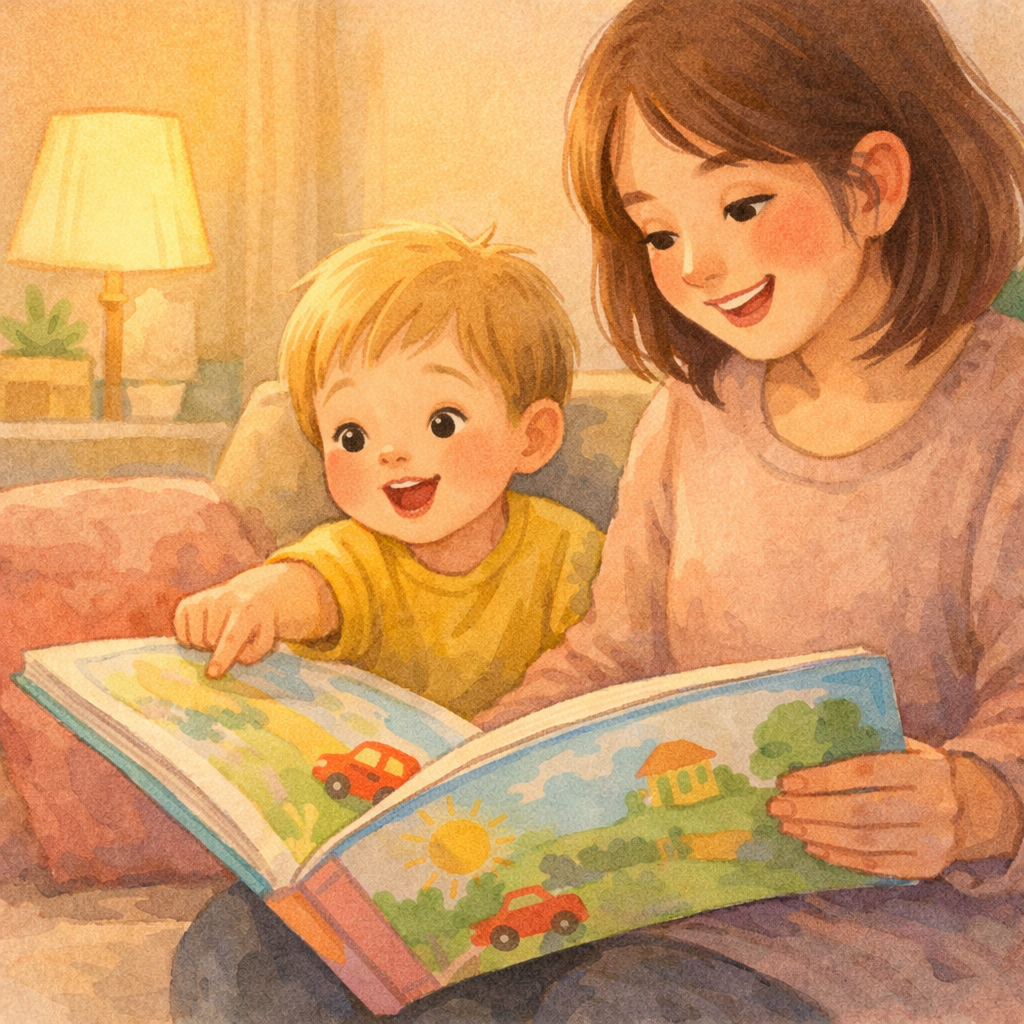 Toddler pointing at a picture while a parent reads aloud.