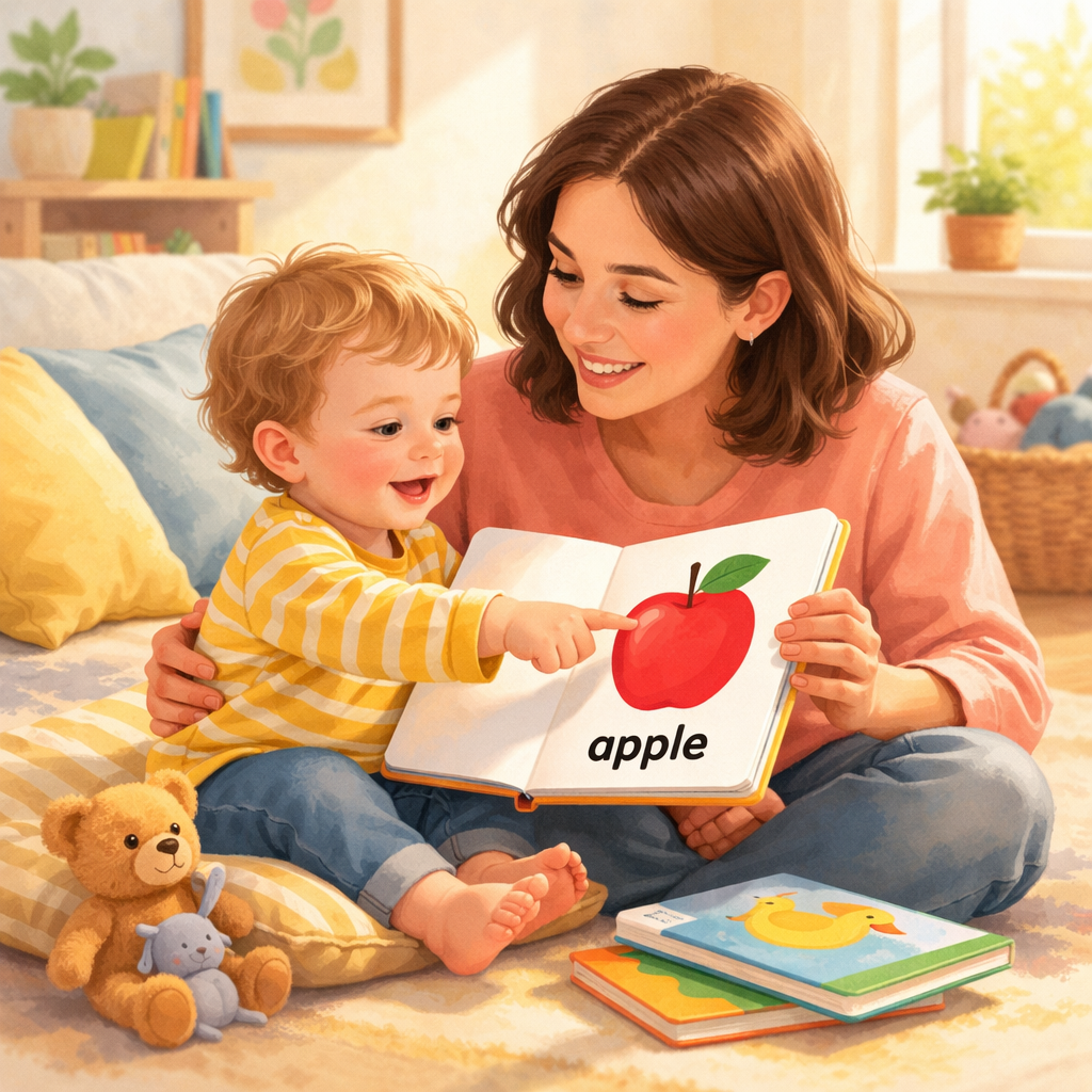Toddler pointing at a simple first words book page with one clear image and word.