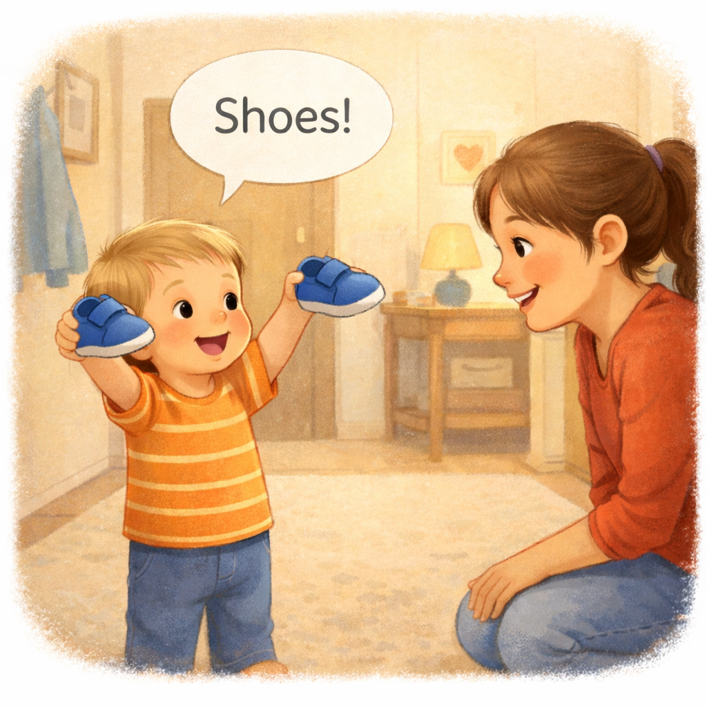 Toddler holding shoes and practising the word during a daily routine.