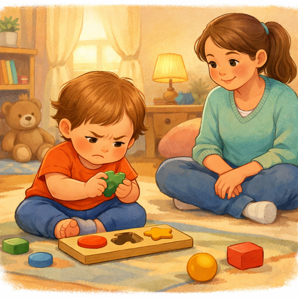 Toddler looking frustrated while trying to complete a simple puzzle as a parent watches calmly.