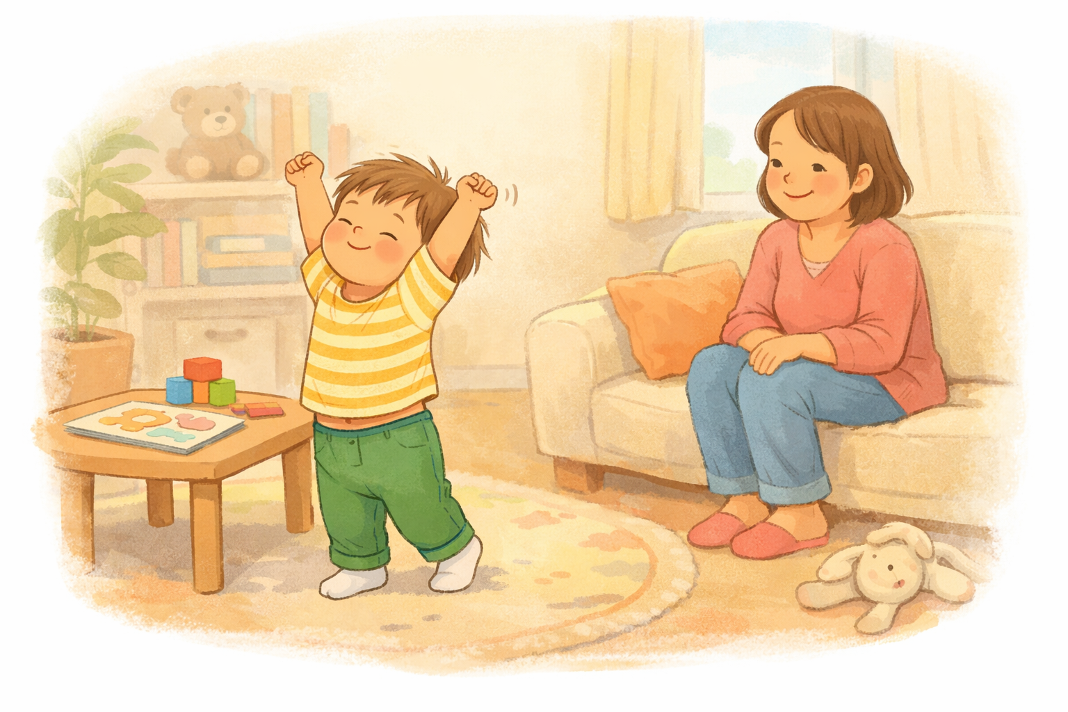 Toddler taking a short break from a learning activity while parent stays relaxed.