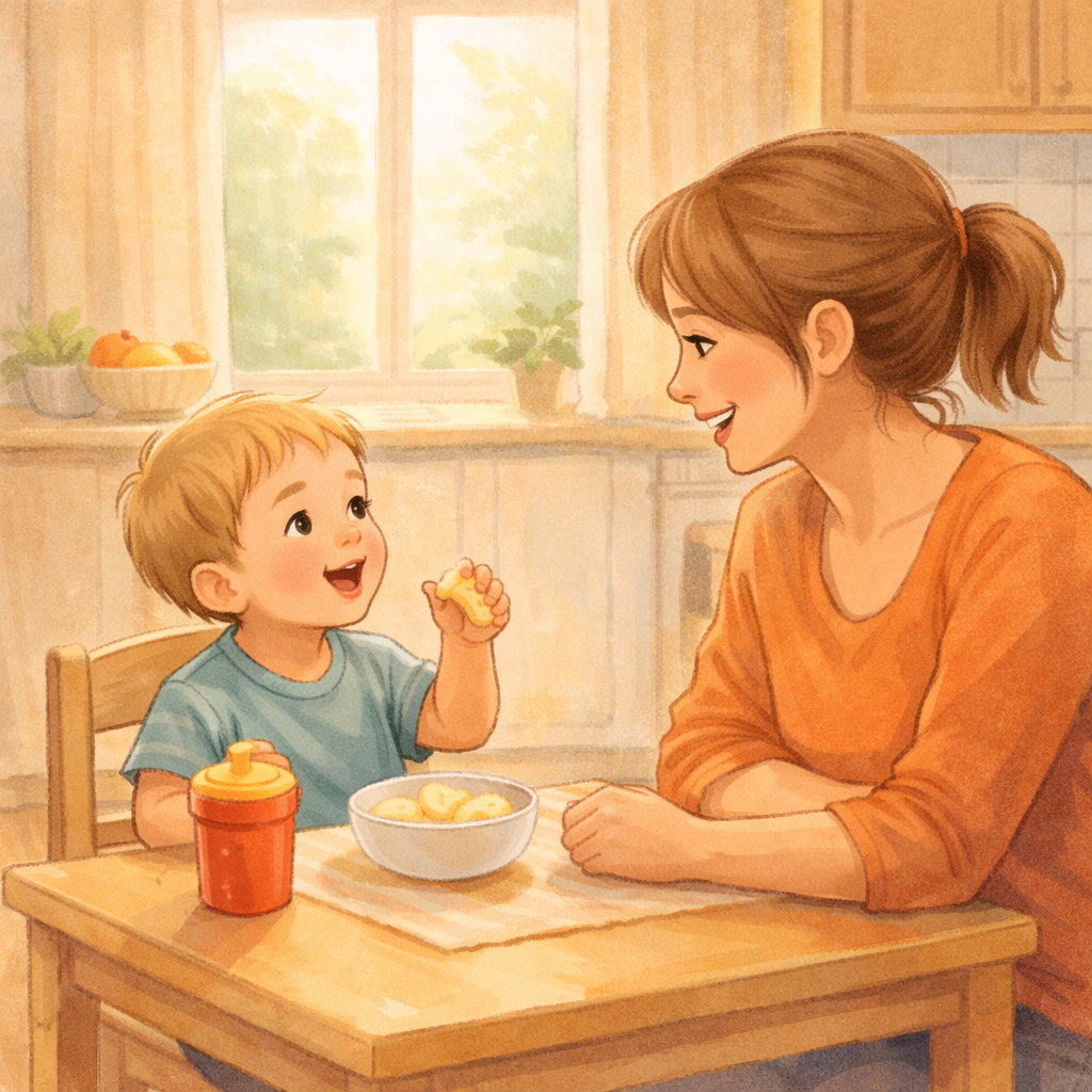 Toddler chatting with a parent during snack time.