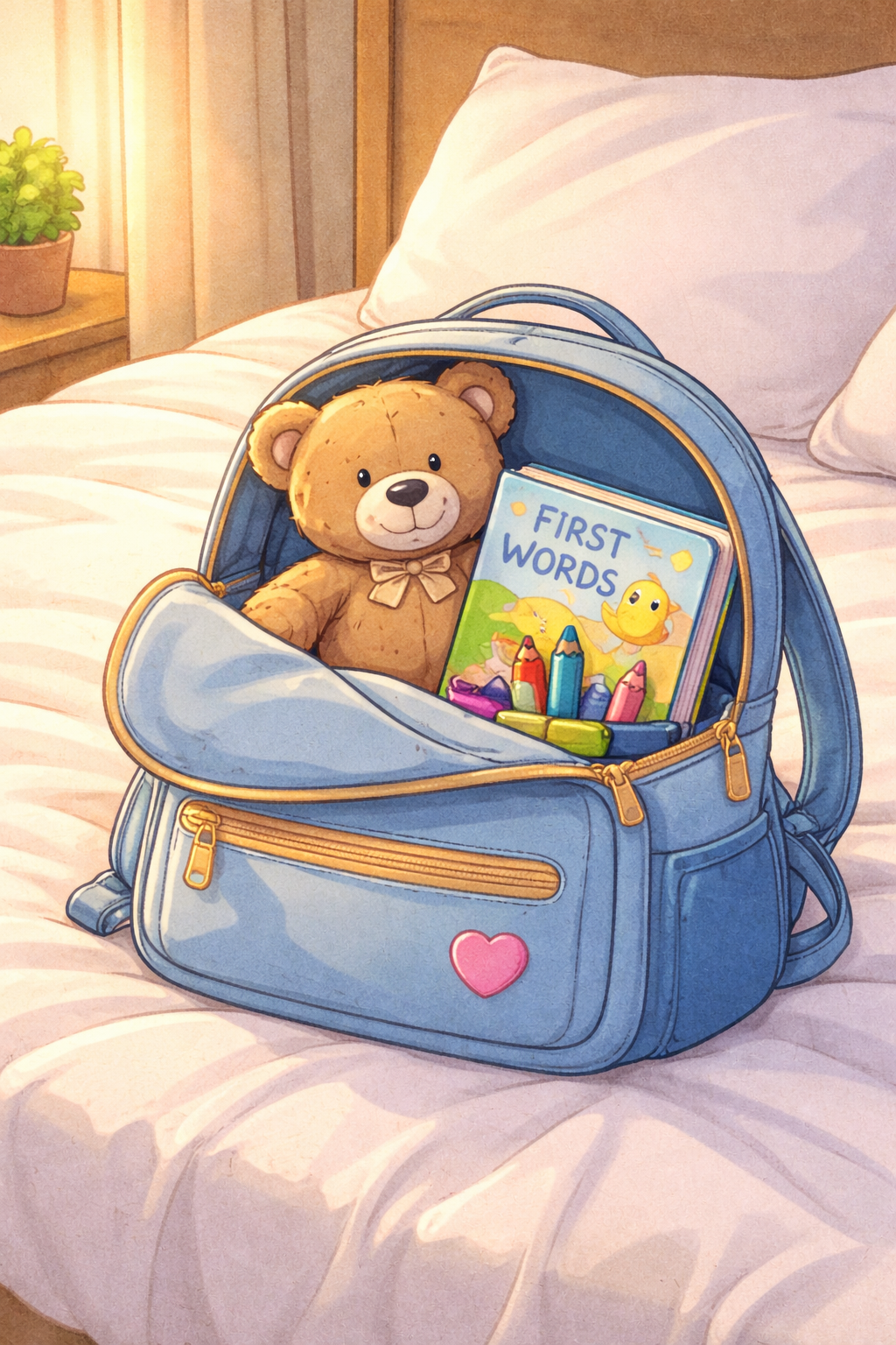 Toddler backpack packed with book, crayons and comfort toy for travel.