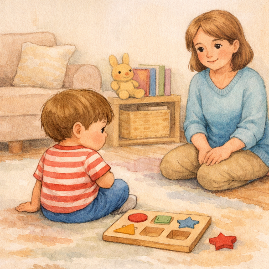Toddler turning away from a learning activity while parent stays calm nearby.