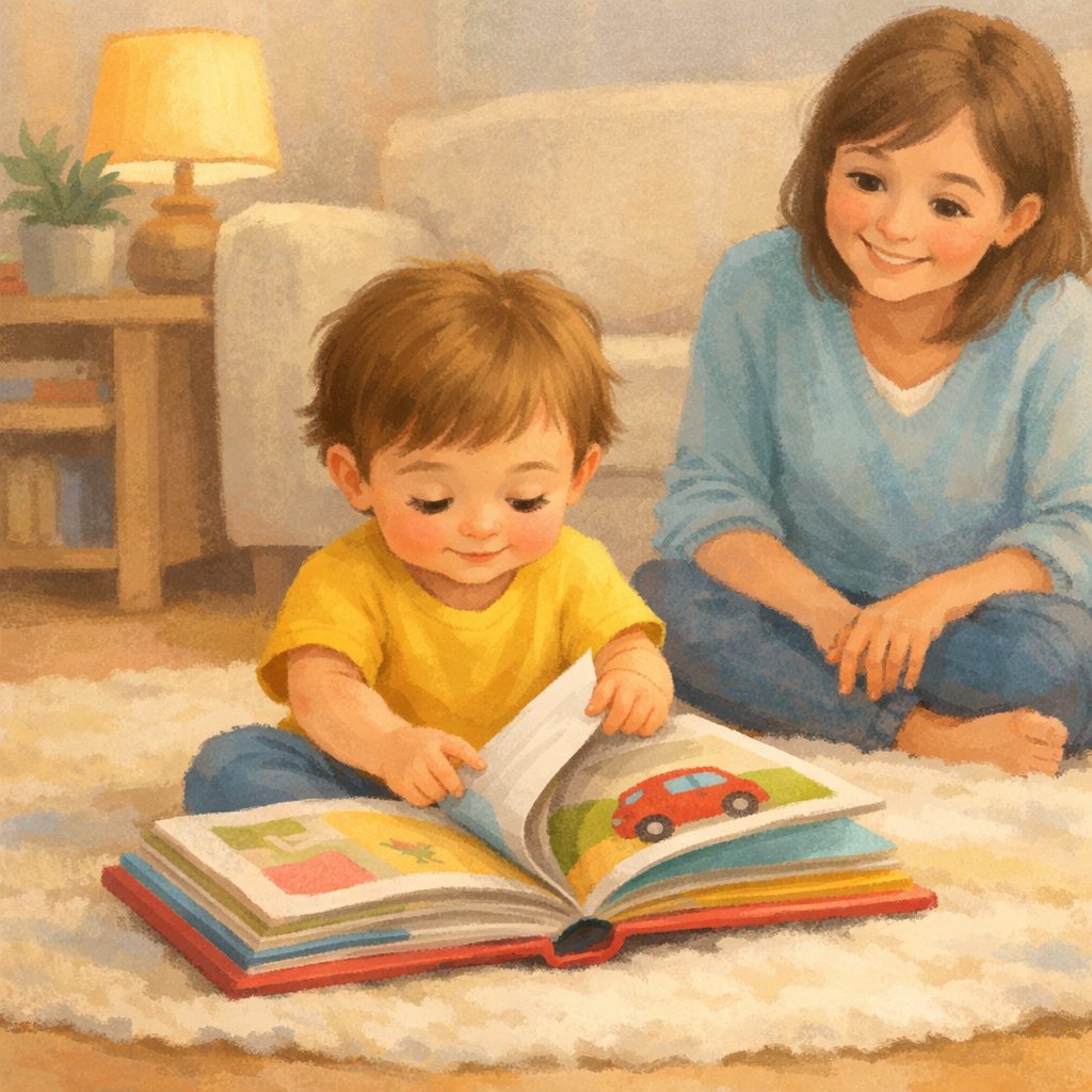 Toddler turning pages of a picture book while parent watches.