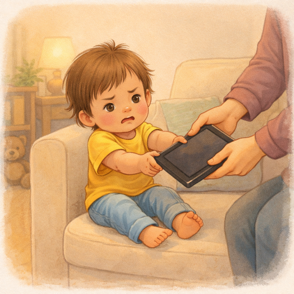 Parent calmly taking a tablet from a toddler who looks frustrated.