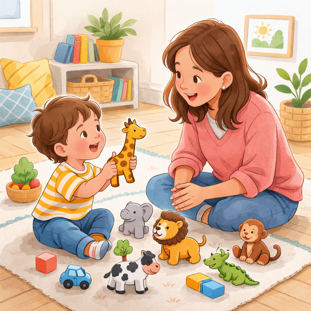Two-year-old naming toy animals during floor play.