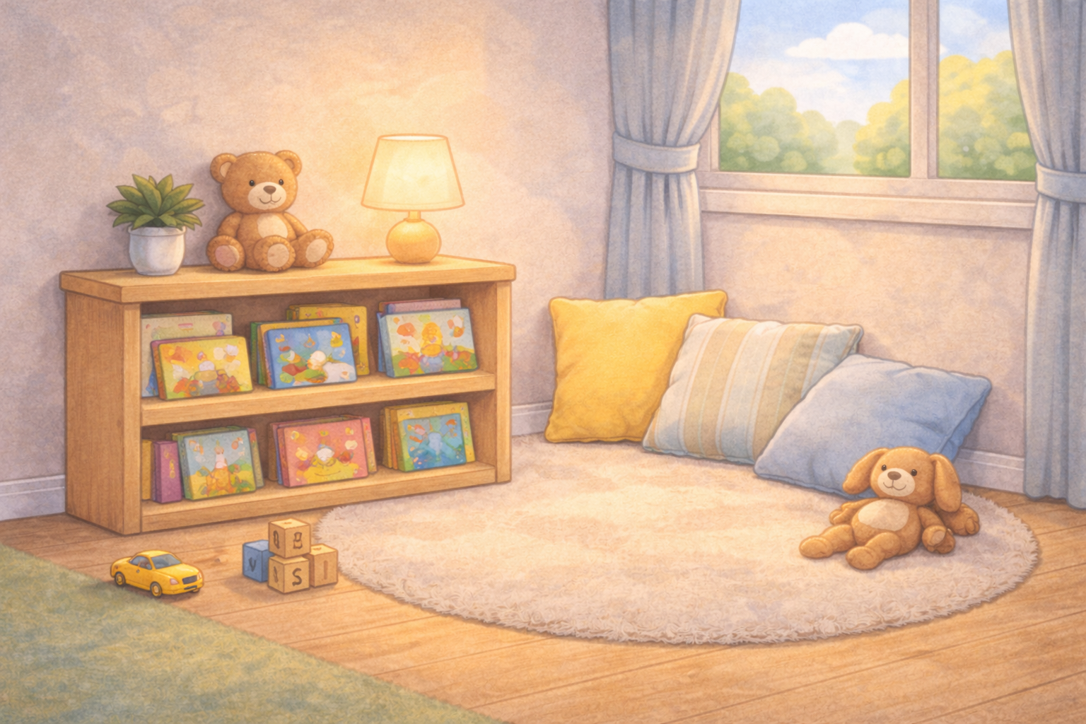 Cosy toddler reading nook with low book shelf and soft cushions.