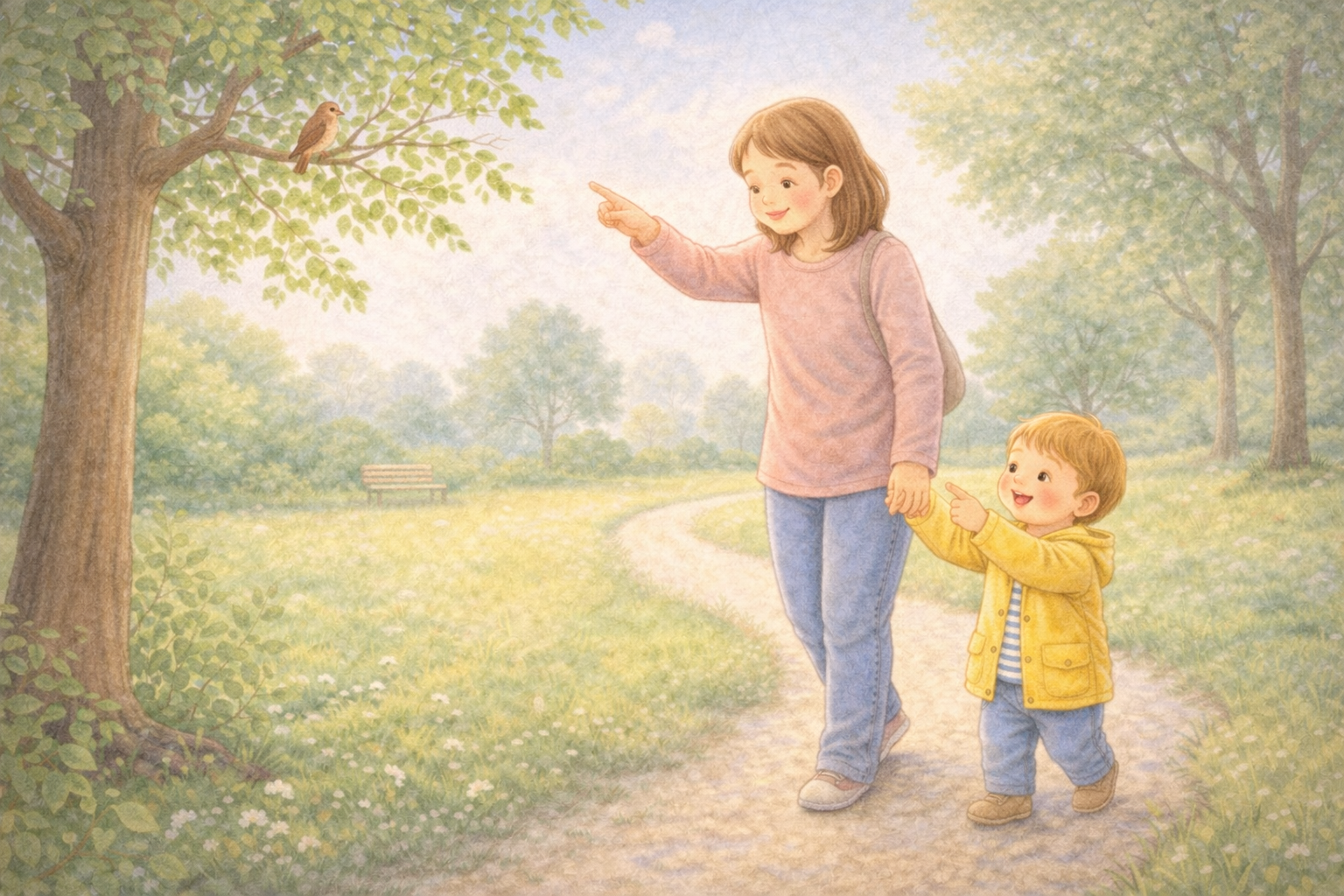 Parent and toddler exploring nature in a park.
