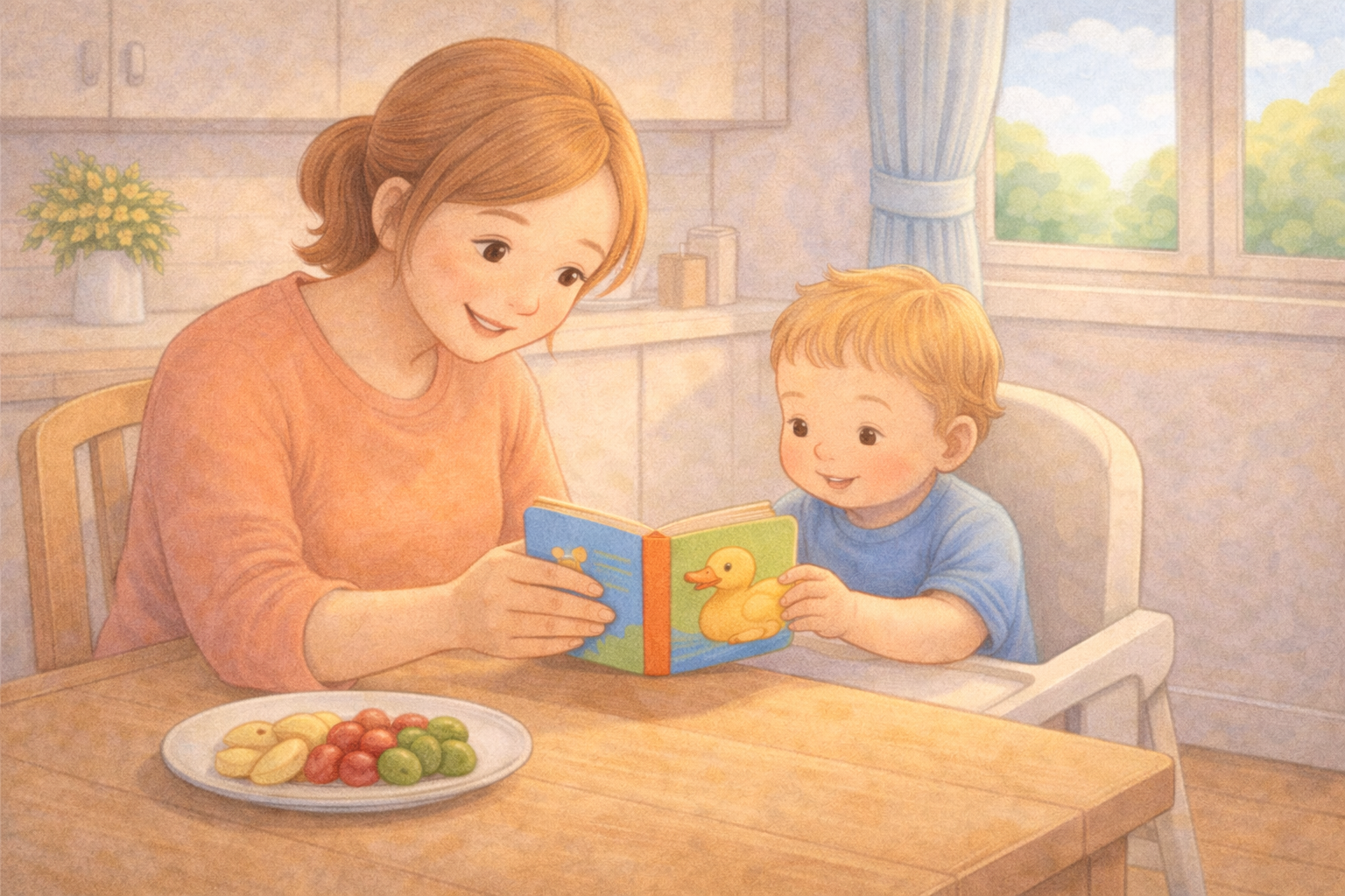 Parent and toddler sharing a board book at the table.