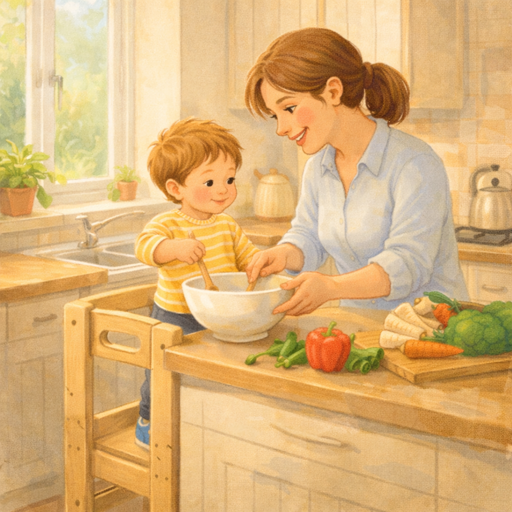 Parent and toddler preparing food together while talking.