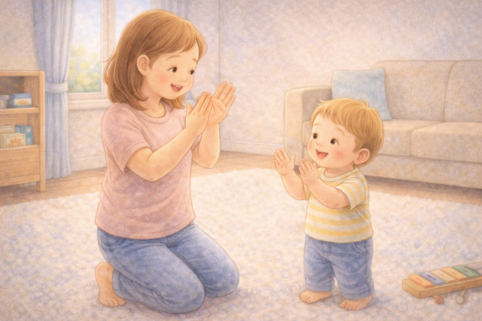 Parent and toddler clapping and singing together.