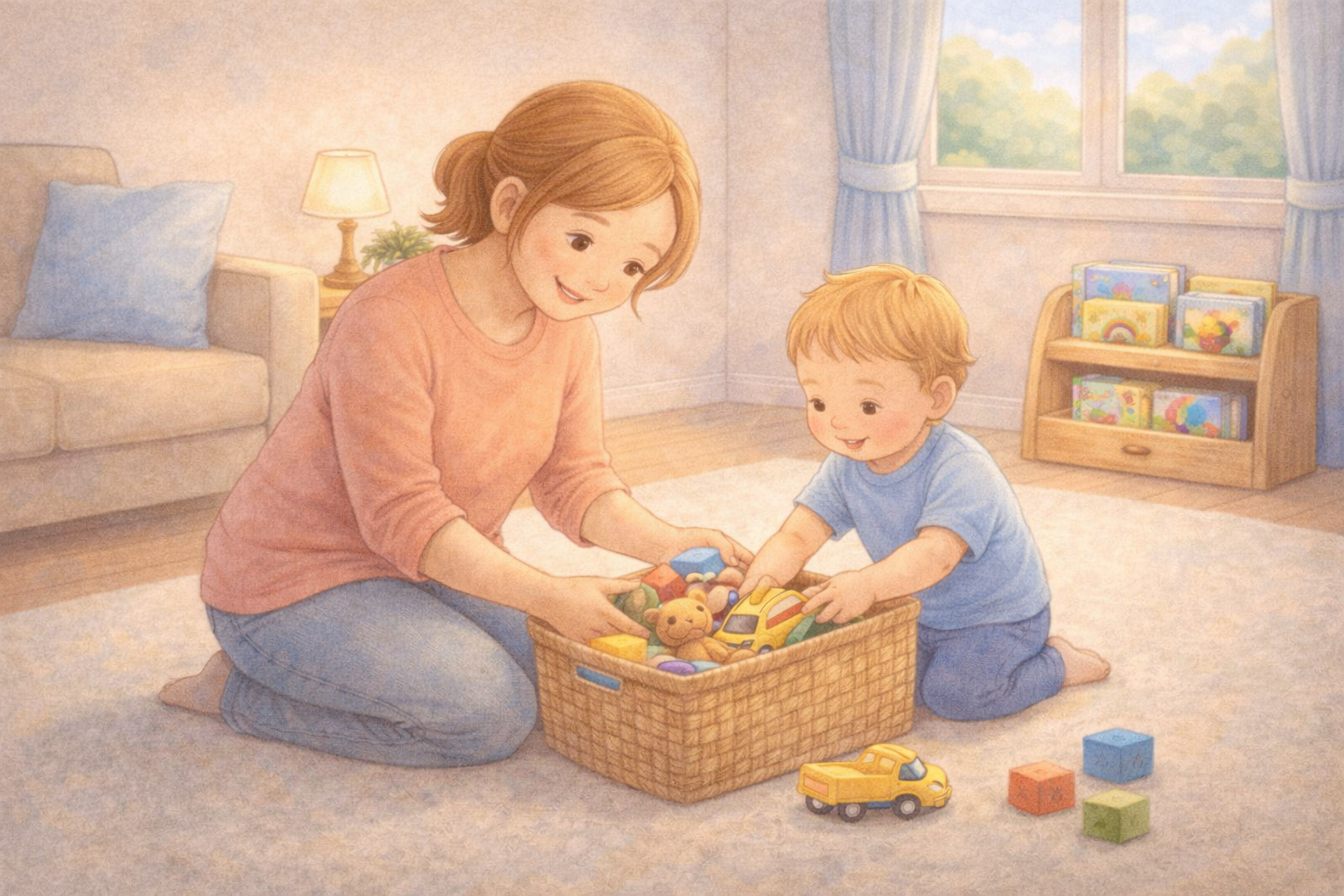 Parent and toddler tidying toys together.