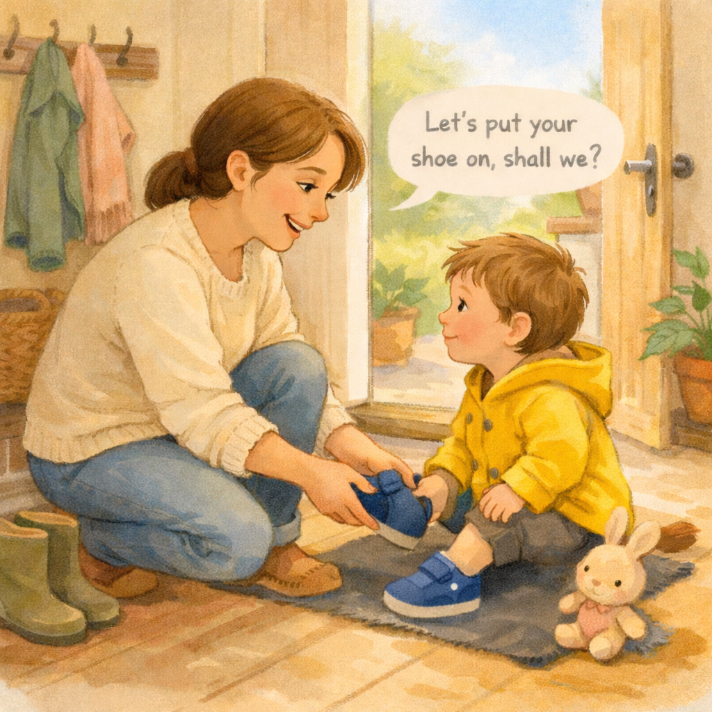 Parent talking to toddler while helping them put on shoes.