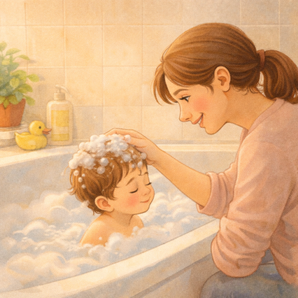 Parent gently washing toddler’s hair during bath time.