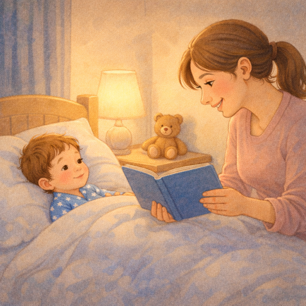 Parent reading a bedtime story to toddler in soft lamplight.