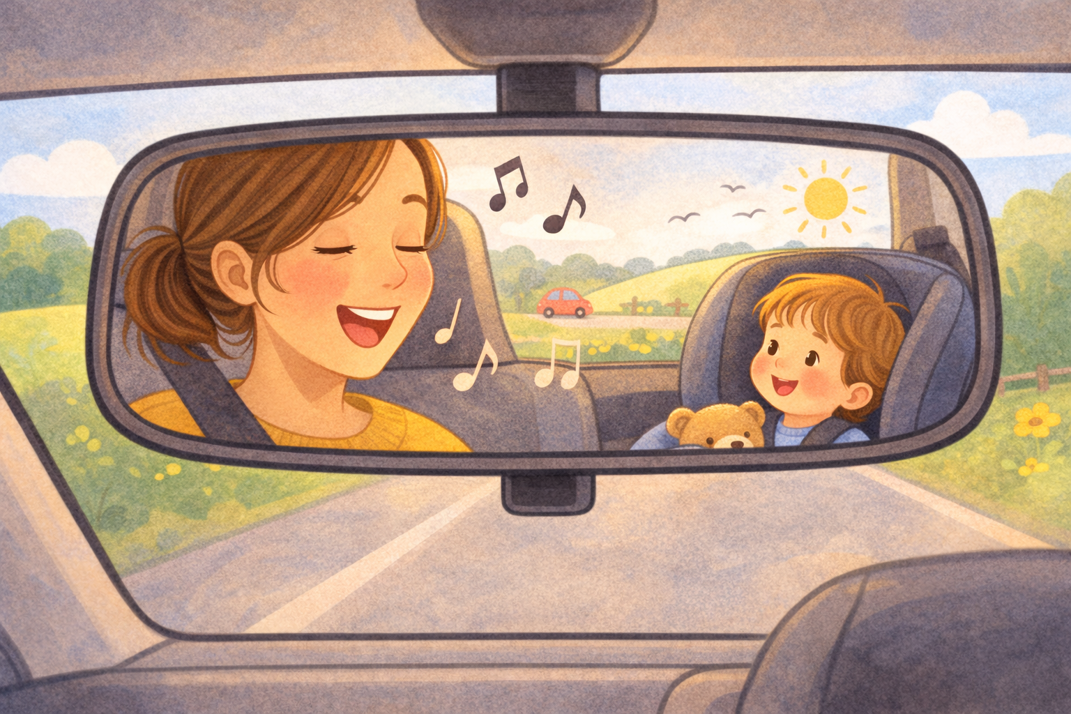 Parent talking to toddler during a car ride.