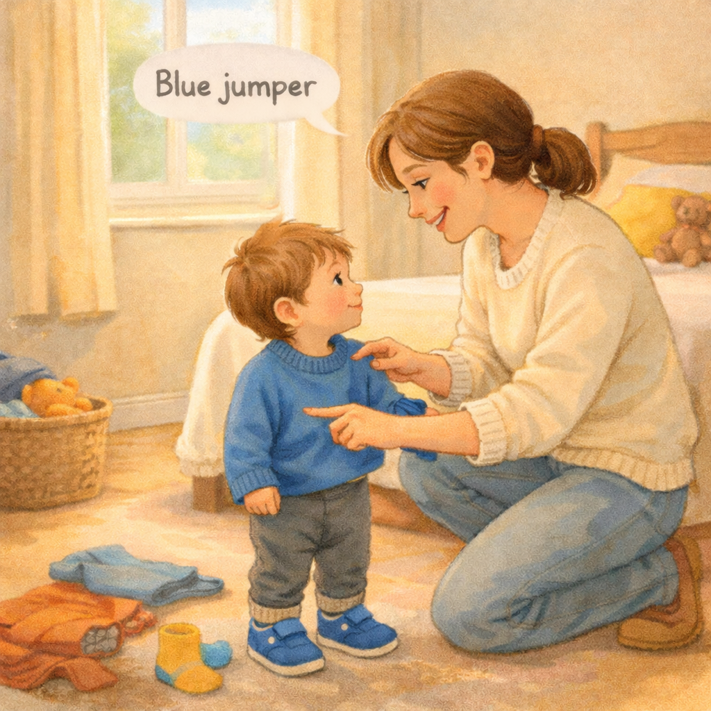 Parent helping toddler get dressed while naming clothes.