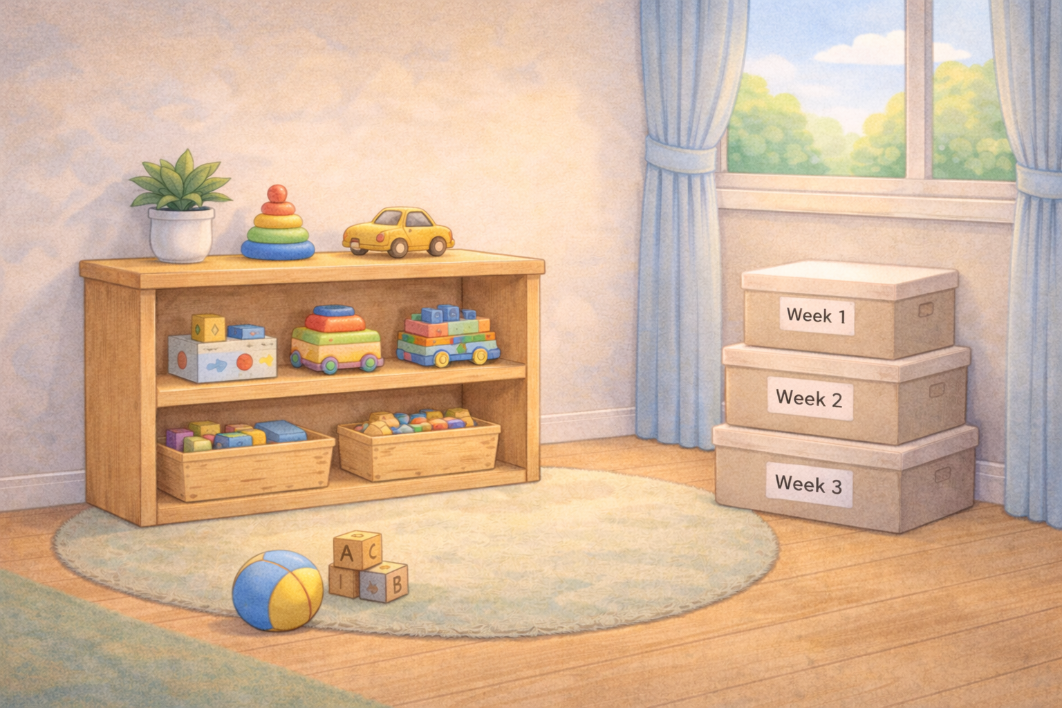 Minimal toy shelf with stored boxes for toy rotation.