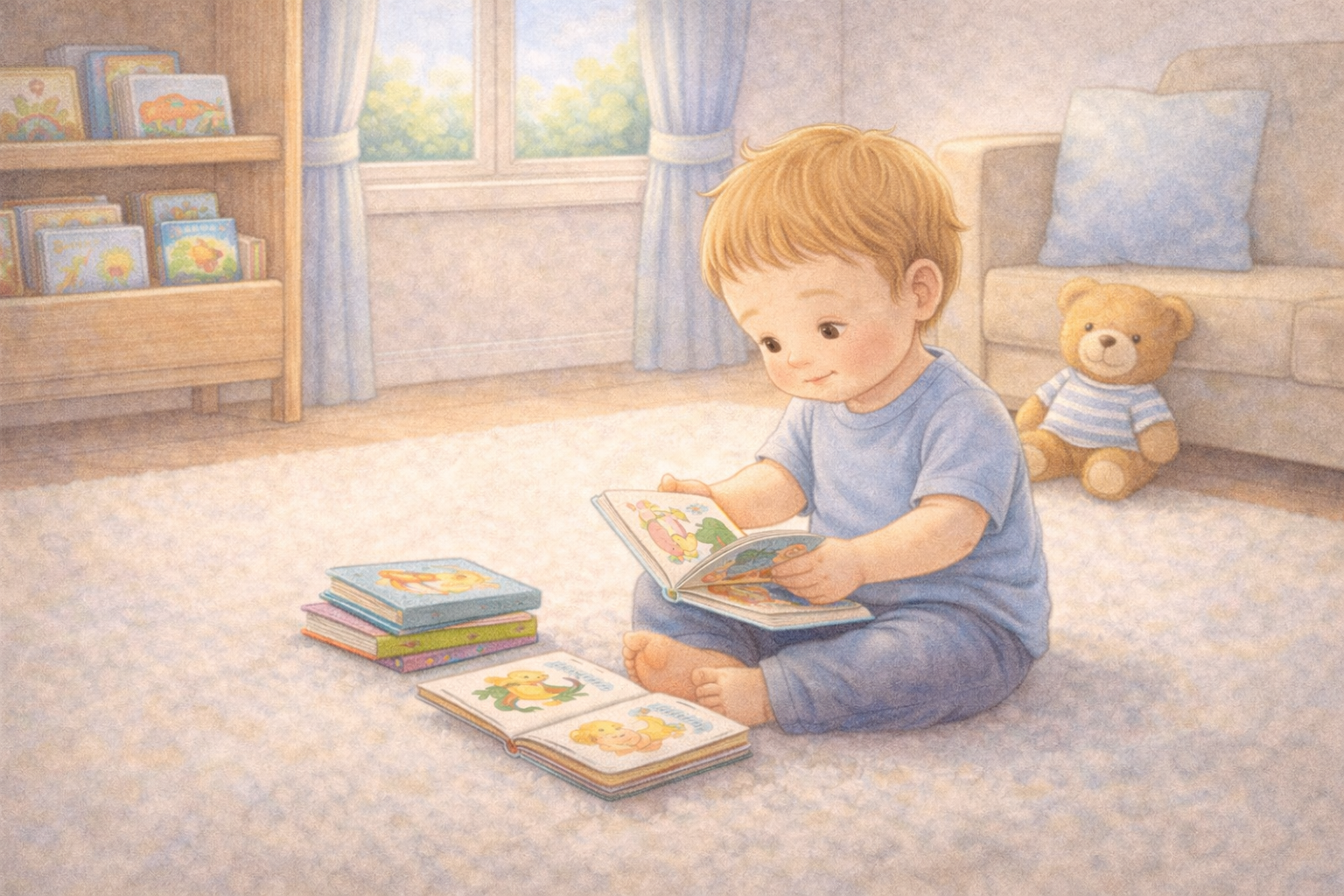 Toddler sitting quietly looking at board books.